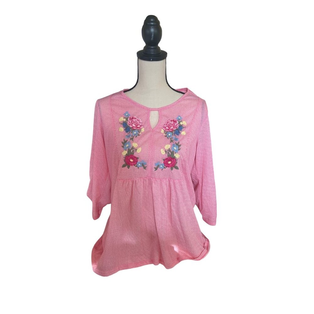 Kim Rogers Womens Medium Tunic Top Pink Gingham Embroidered Floral Grannycore